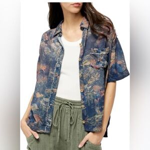 Free People We the Free Share Good Vibes Print Shirt In Navy Combo
